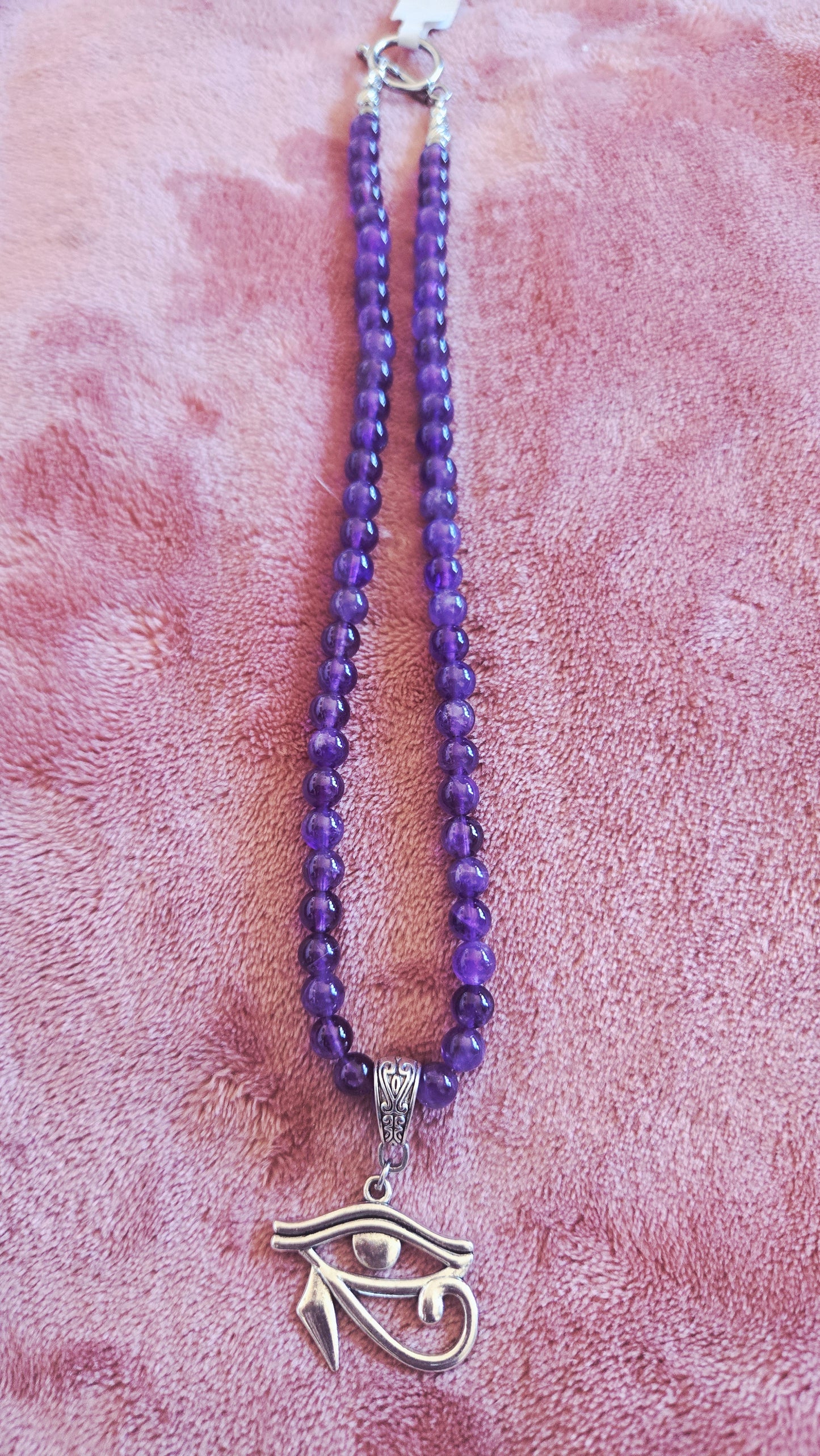 Amethyst Beaded Necklace with Eye of Heru Pendant – Handmade Spiritual Protection & Intuition Jewelry