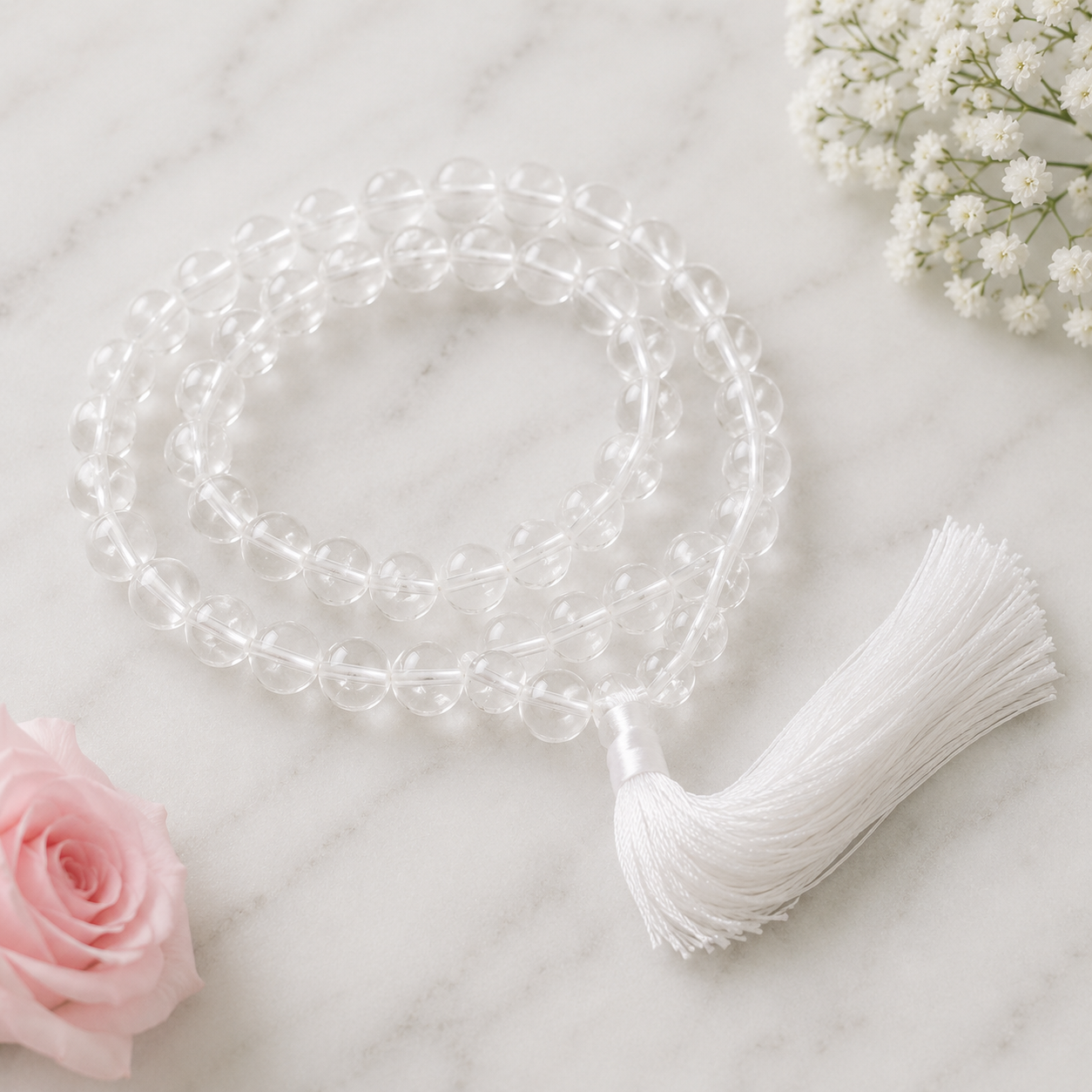 Clear Quartz Mala Necklace | Handcrafted Meditation & Spiritual Jewelry