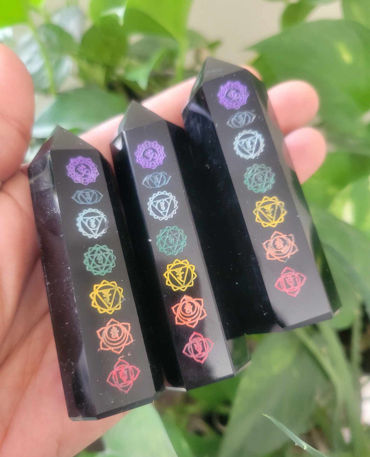 Obsidian 7 Chakra Etched Point – Protection, Energy Alignment & Shadow Healing