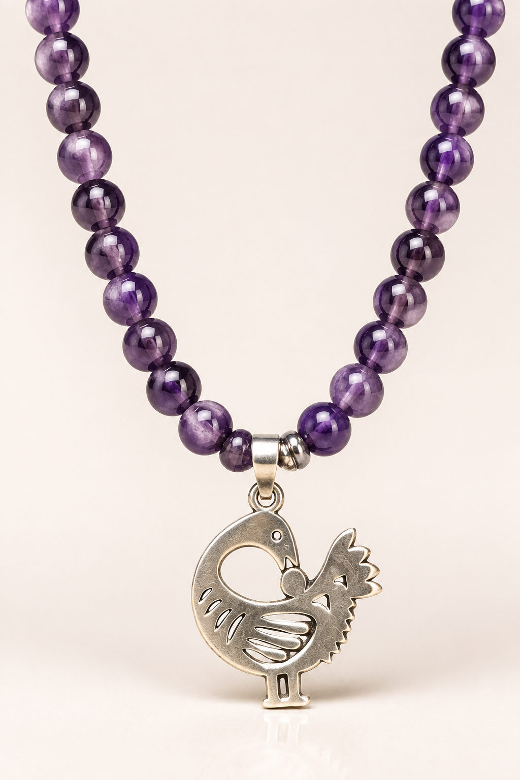 Amethyst Beaded Necklace with Sankofa Pendant