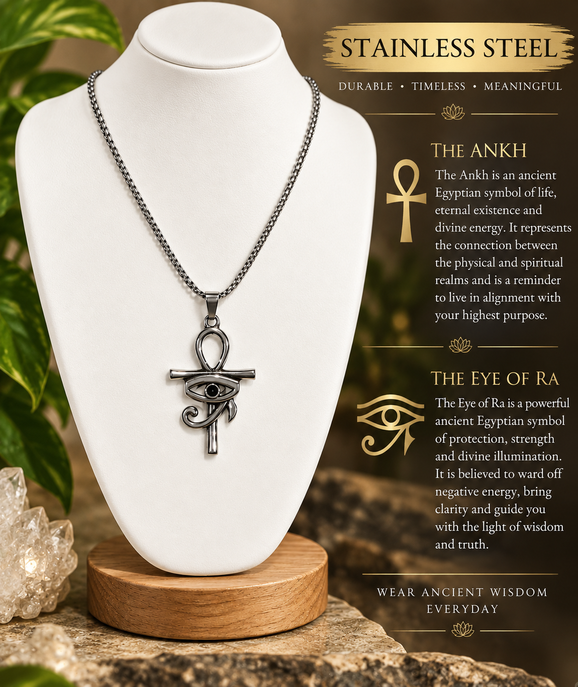 Stainless Steel Ankh With Eye of Ra Necklace | 20" Chain