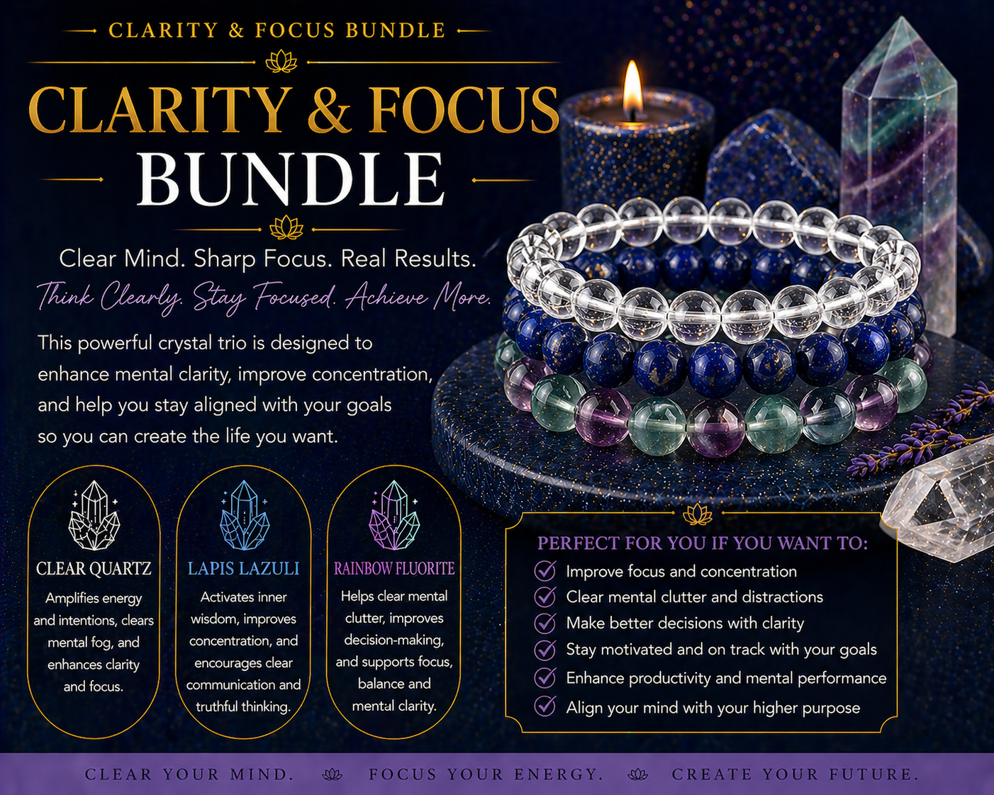 Clarity & Focus Bracelet Bundle | Mental Clarity, Concentration & Decision-Making Crystal Trio