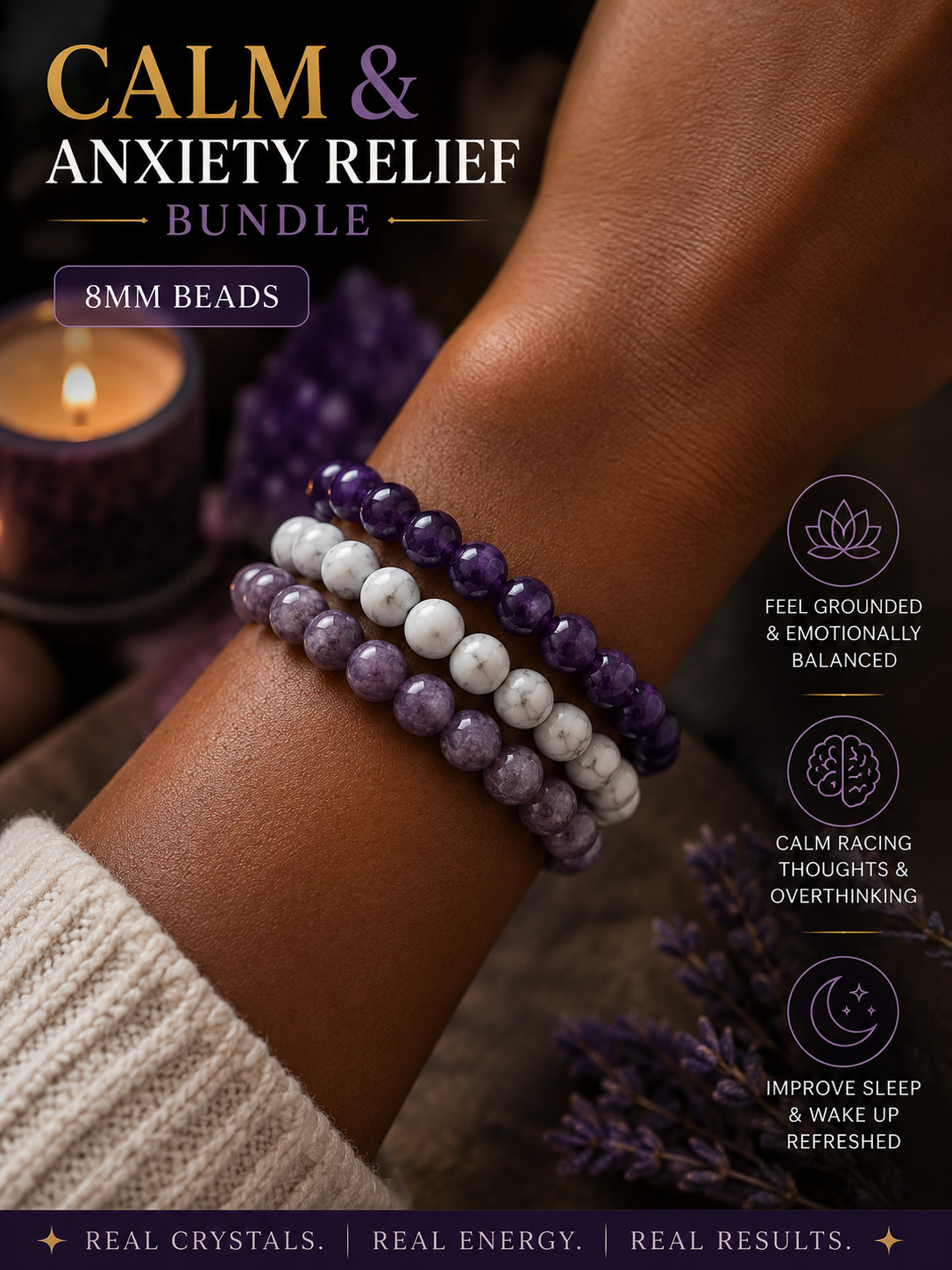 Calm & Anxiety Relief Bracelet Bundle | Stress Relief, Emotional Balance & Inner Peace Crystal Trio