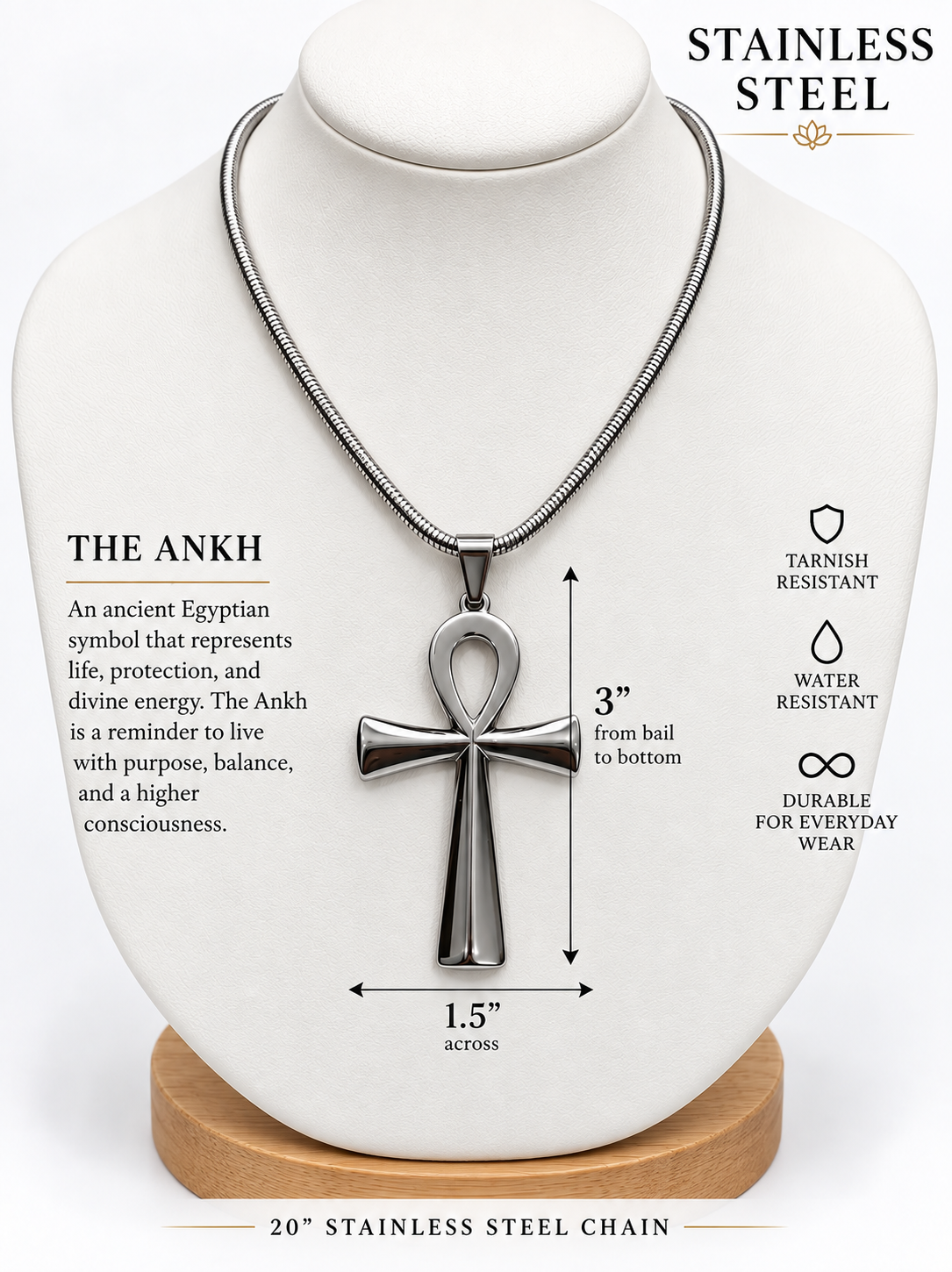 Large Stainless Steel Ankh Necklace | 20" Chain