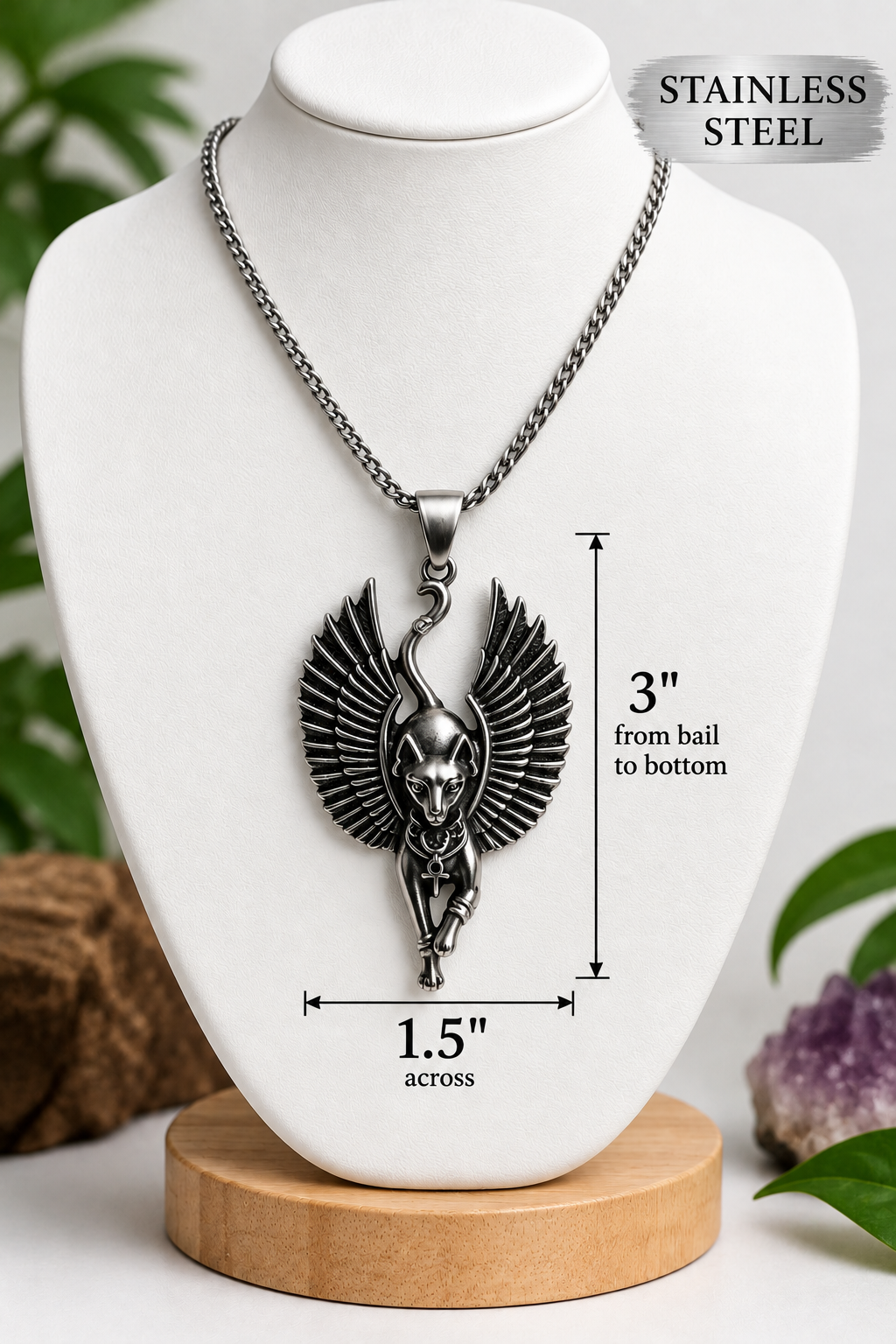 Winged Bastet Stainless Steel Necklace | 20" Chain