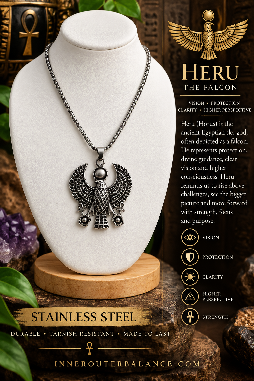 Stainless Steel Heru Falcon Necklace | 20" Chain