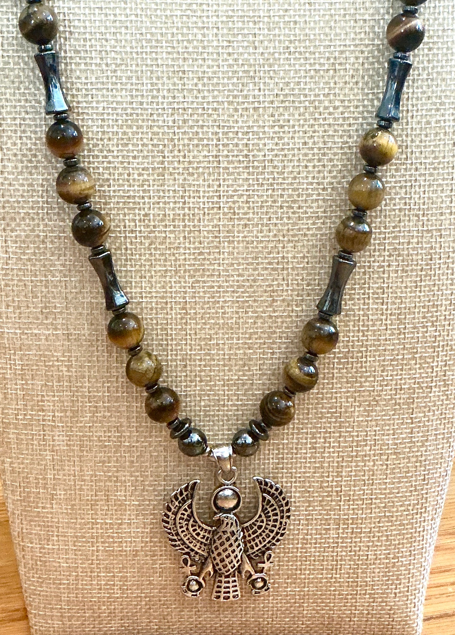 Heru Falcon Necklace with Tiger’s Eye & Hematite — Strength, Protection & Grounded Power