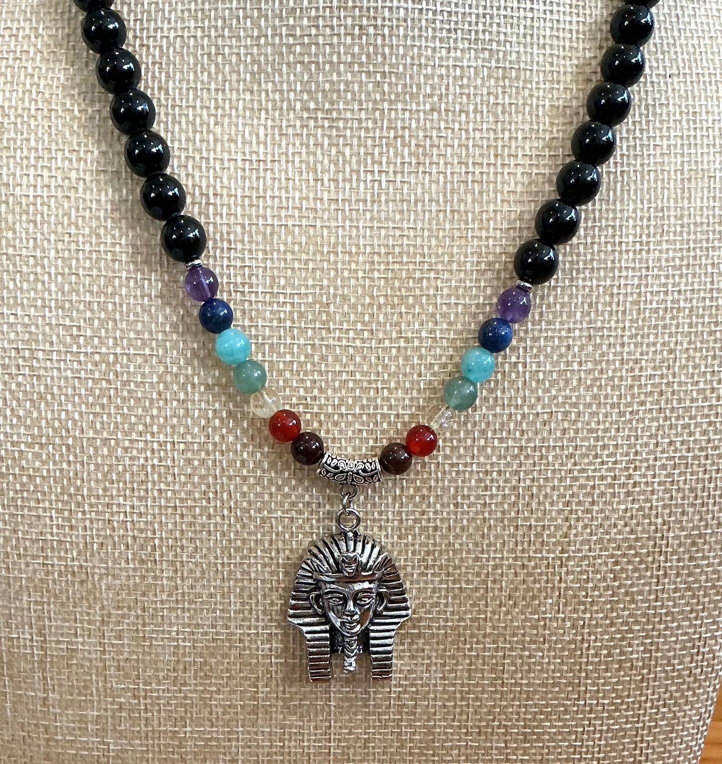7 Chakra Beaded Necklace with Black Tourmaline & Kemetic Nswt (Pharaoh) Pendant