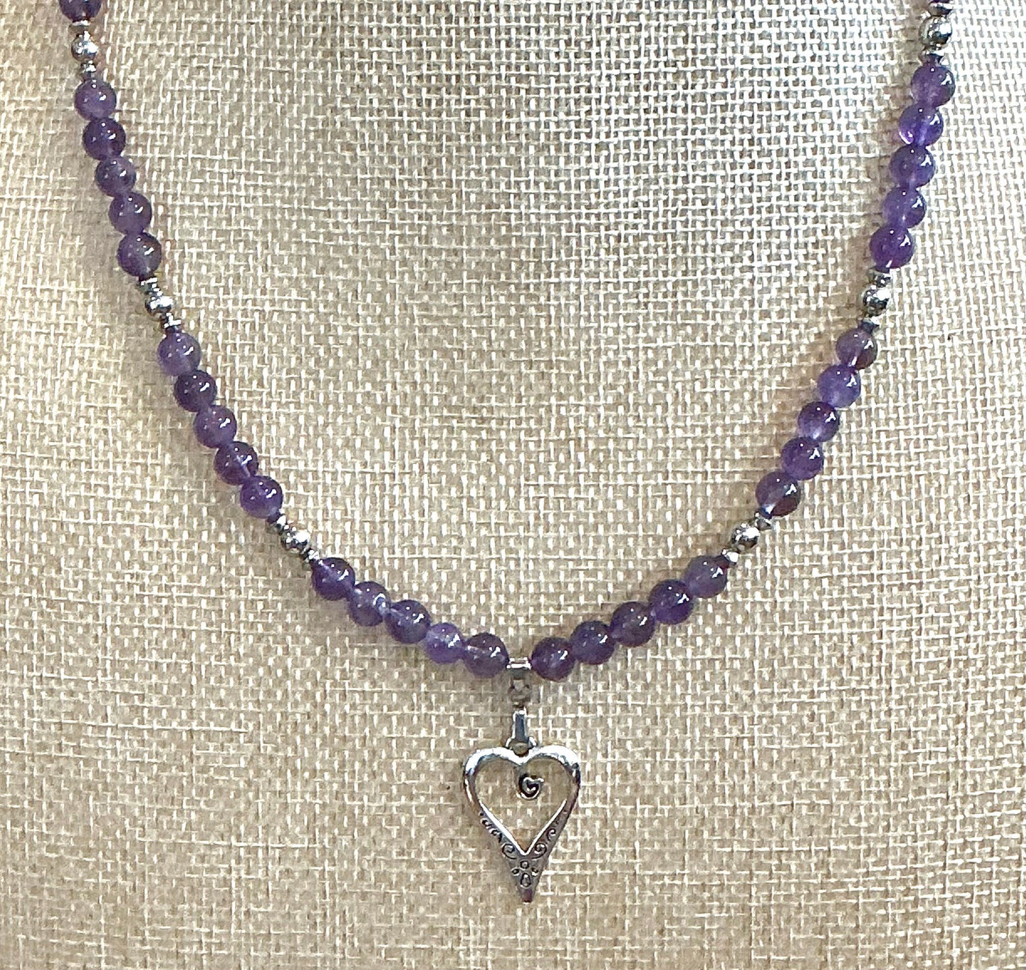 Amethyst Beaded Necklace with Heart Pendant