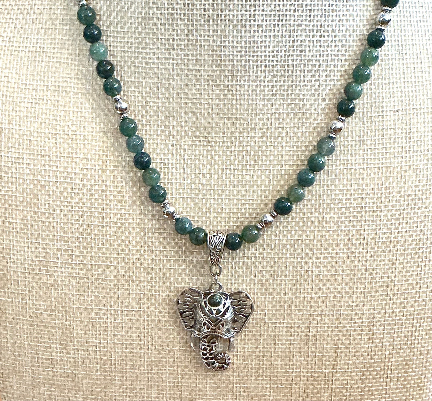 Moss Agate With Elephant Pendant Necklace