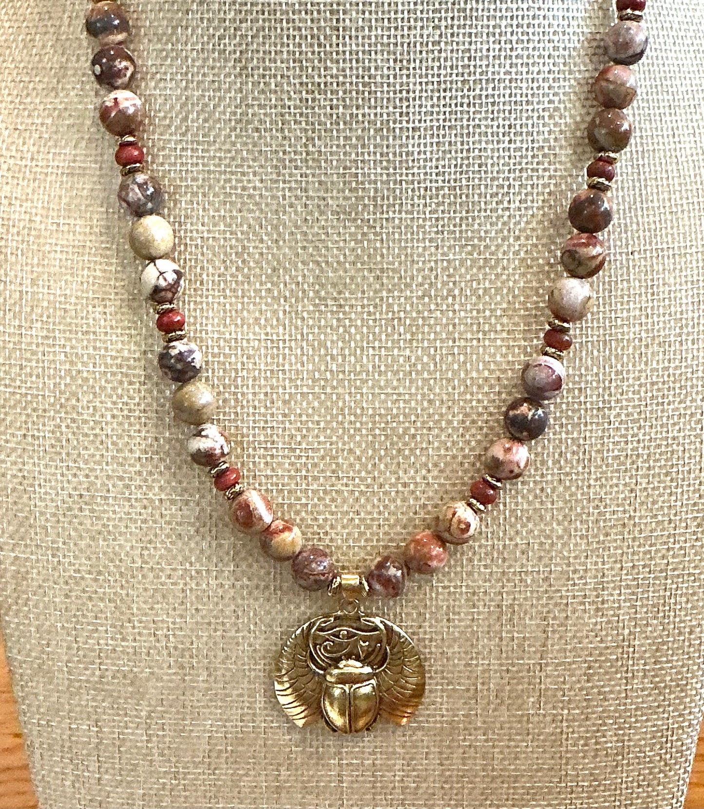 Red Creek Jasper Beaded Necklace with Winged Khper (Scarab)