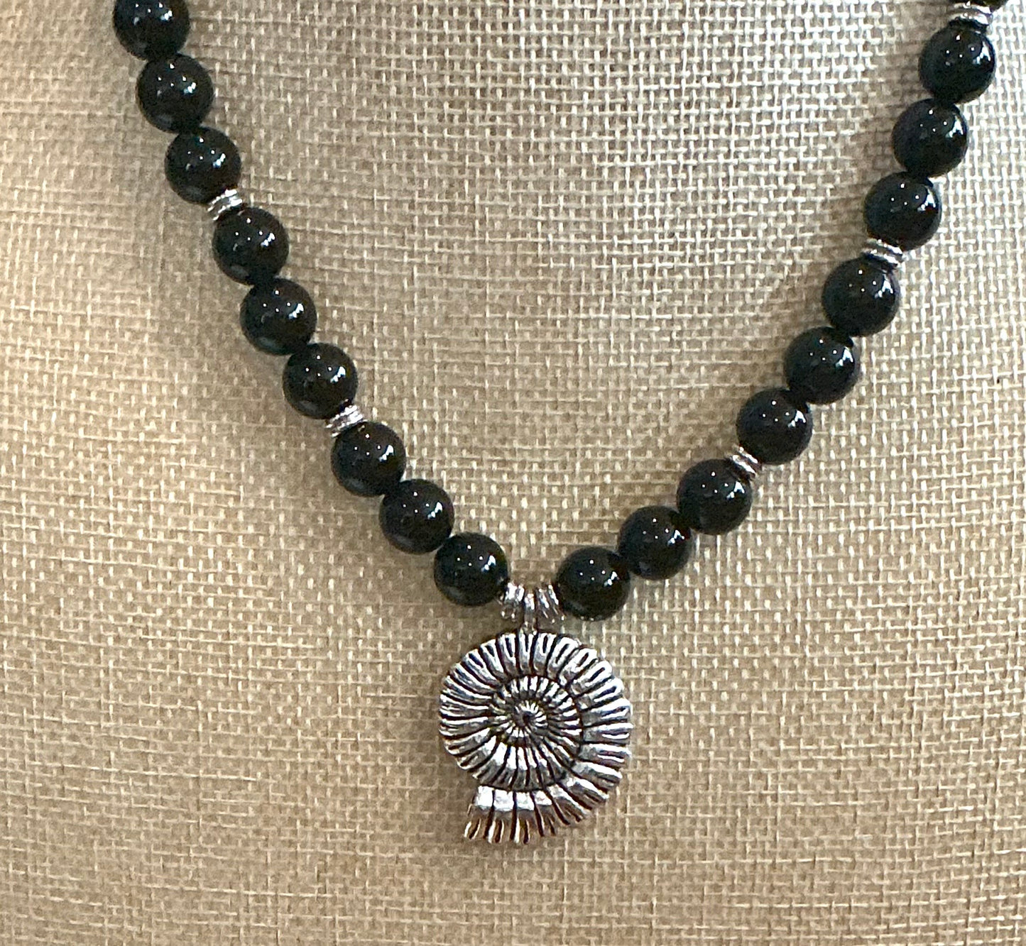 Obsidian Beaded Necklace with Nautilus Pendant