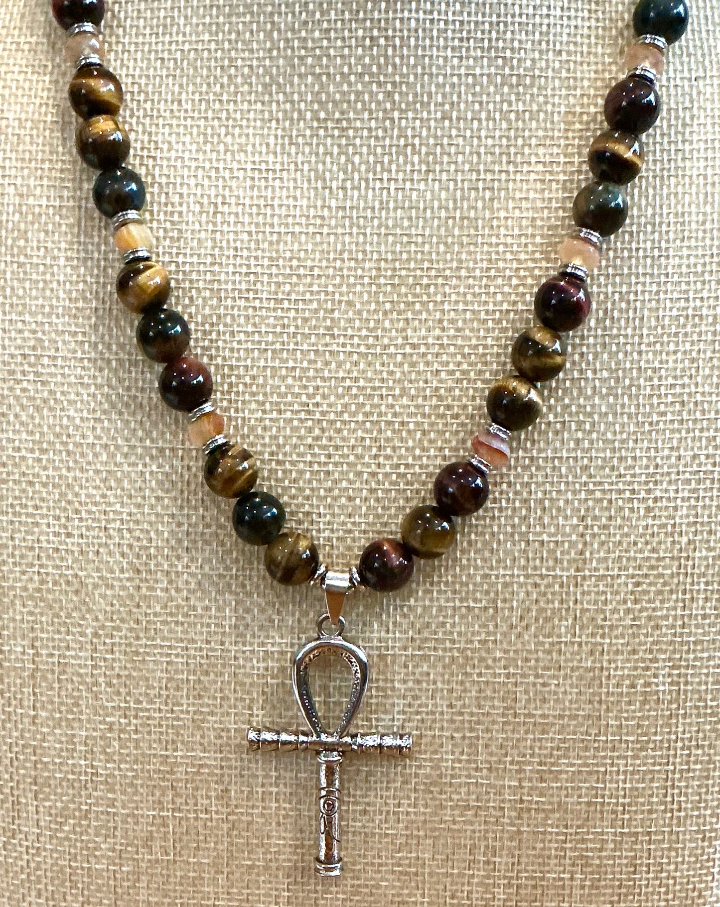 Triple Tiger’s Eye Ankh Necklace — Handmade Power & Protection