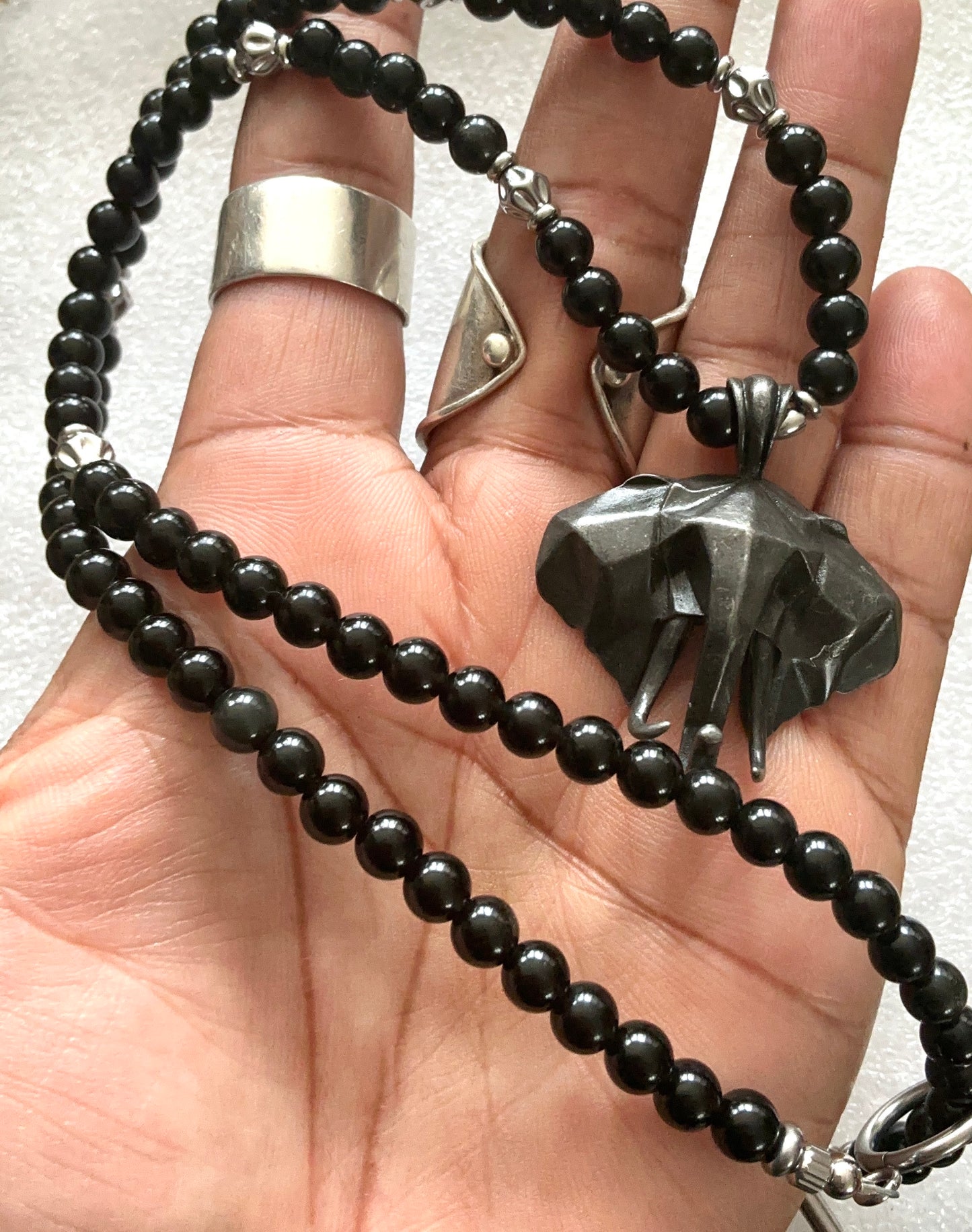 Obsidian Beaded Necklace with Elephant Pendant