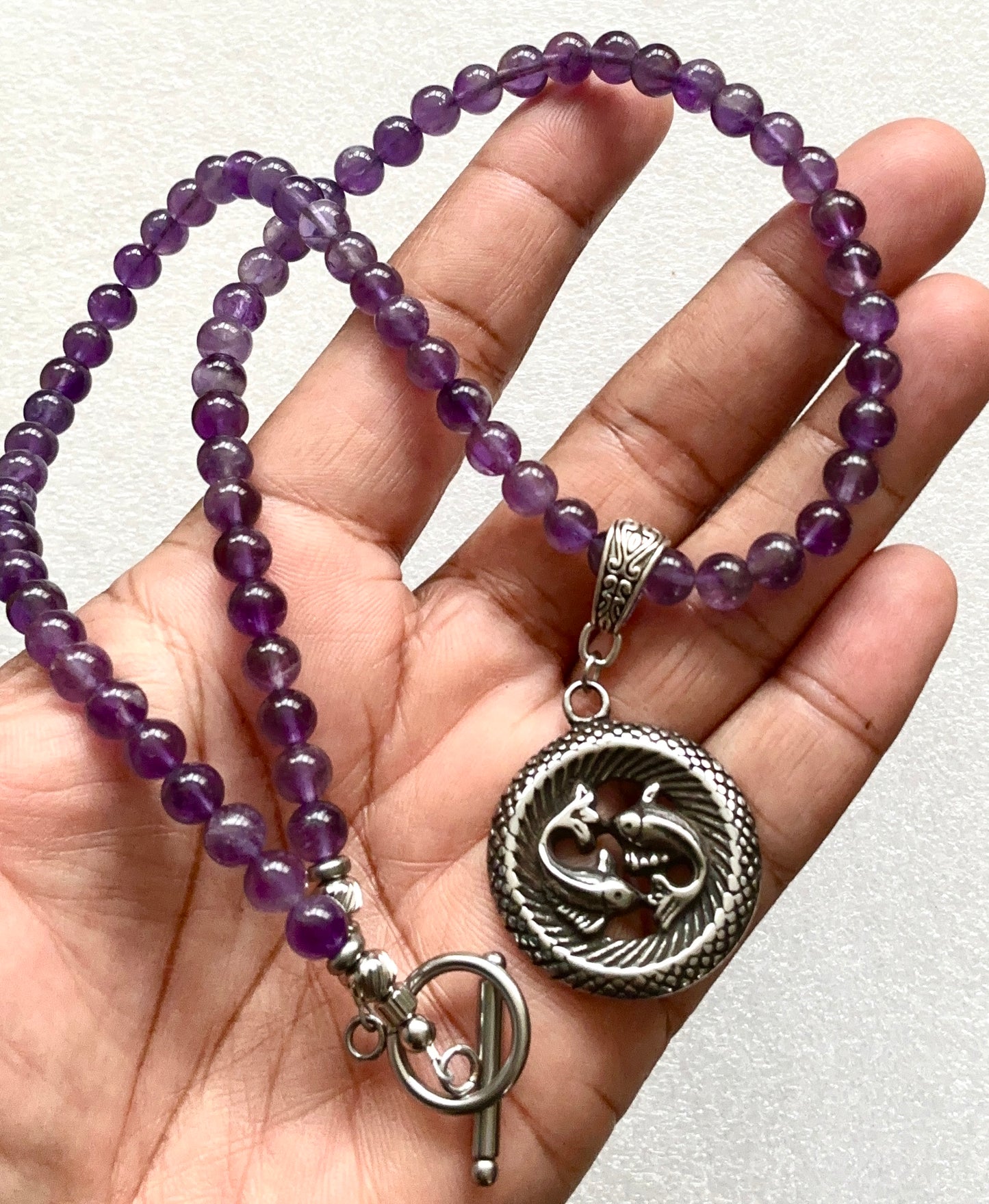 Amethyst Beaded Necklace with Pisces Pendant