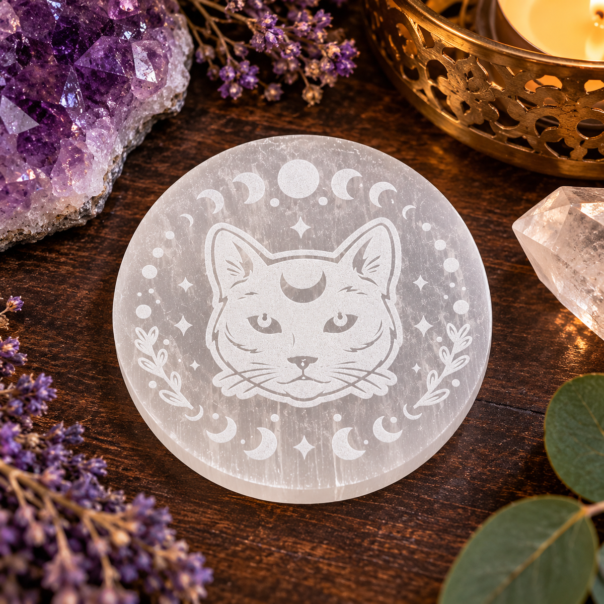 Mystical Cat Selenite Charging Plate | Moon Phase Crystal Cleansing Plate