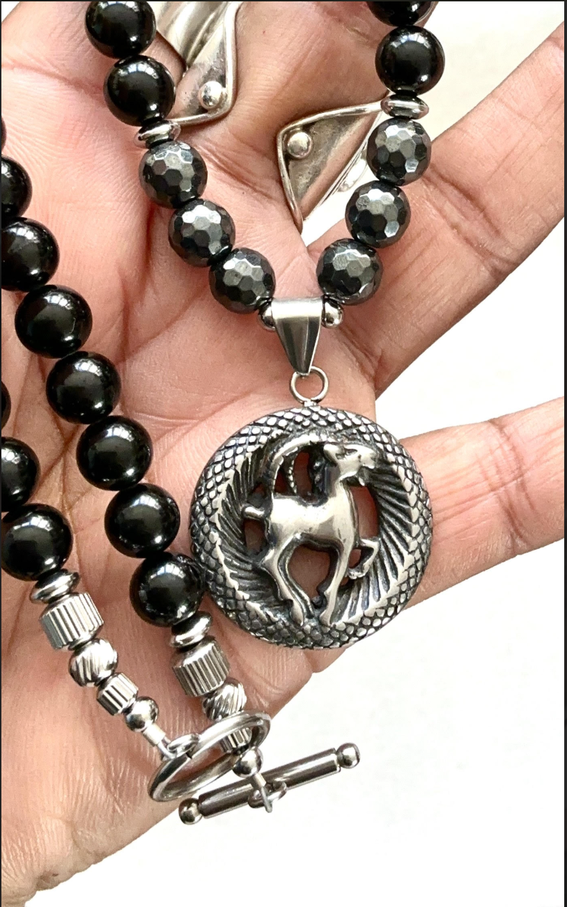 Black Tourmaline & Hematite Necklace with a Capricorn Pendant
