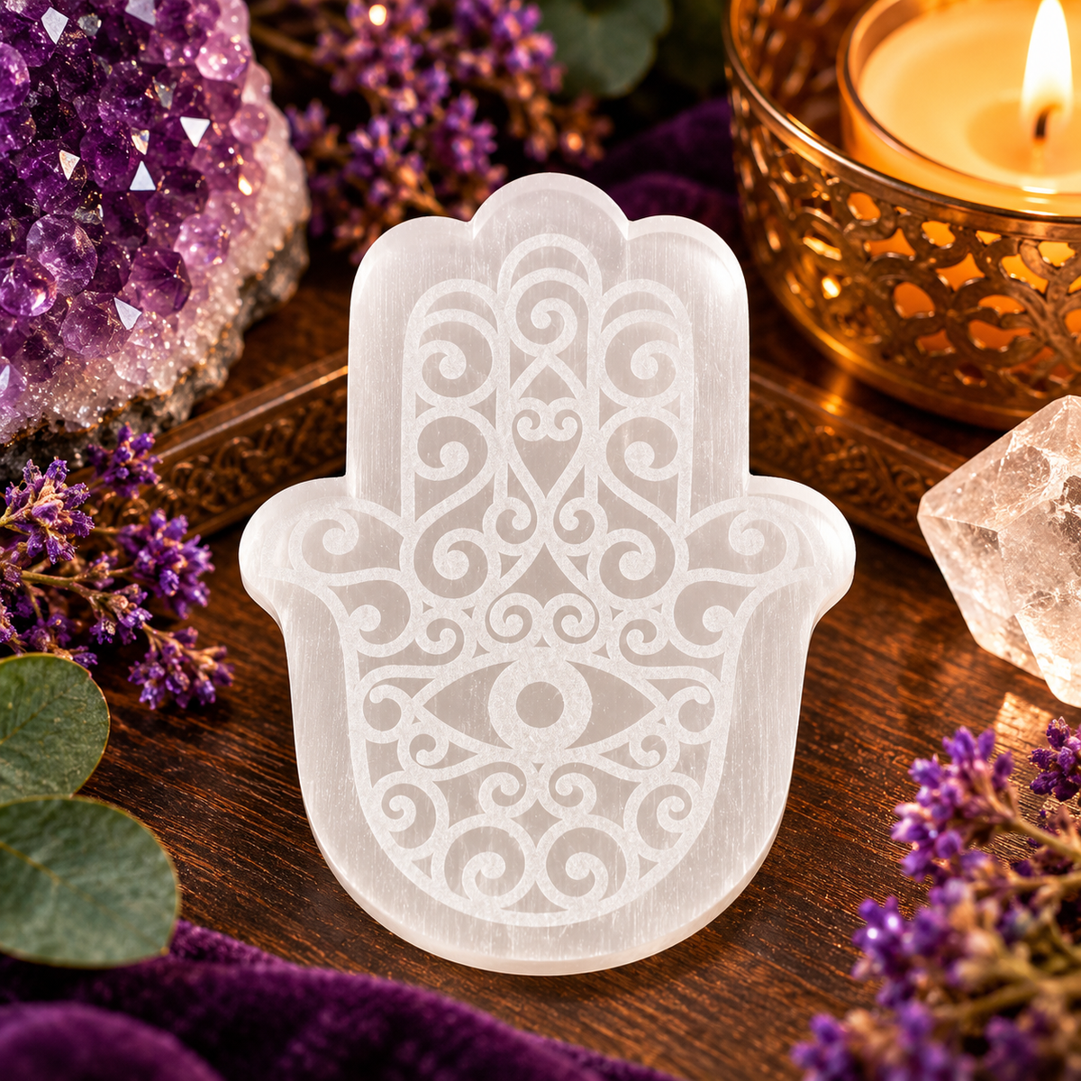Selenite Hamsa Hand with Evil Eye | Energy Cleansing, Protection & Spiritual Harmony