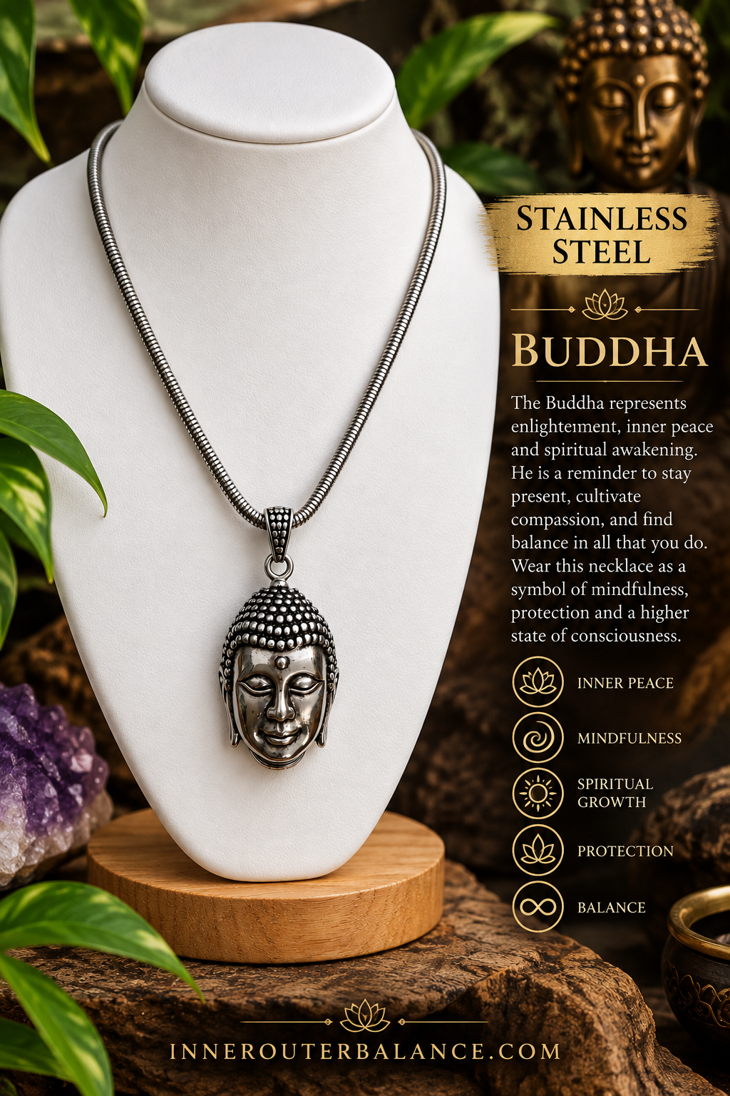 Stainless Steel Buddha Necklace | 20" Chain
