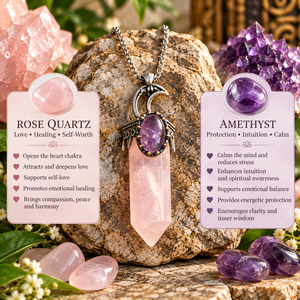 Rose Quartz & Amethyst Crescent Moon Crystal Point Necklace