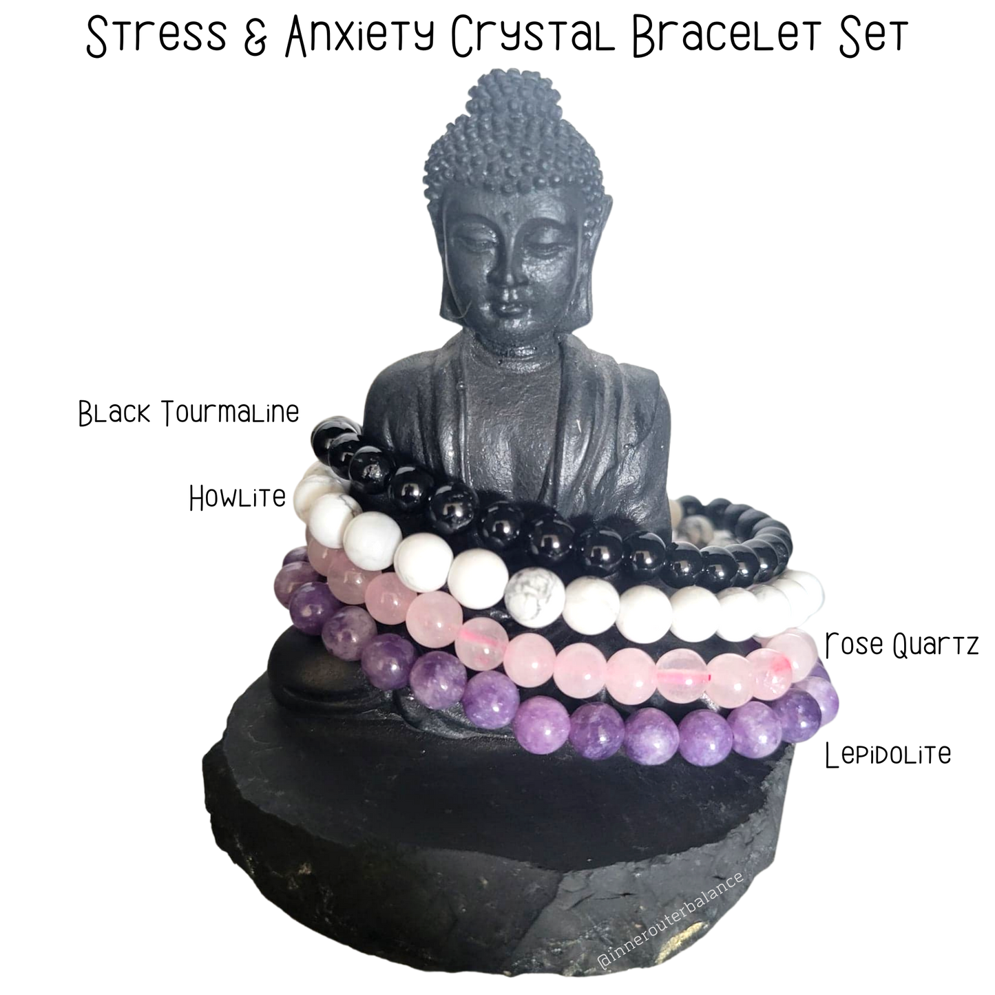 Stress & Anxiety Relief Crystal Bracelet Set – Black Tourmaline, Howlite, Rose Quartz & Lepidolite for Calm & Healing