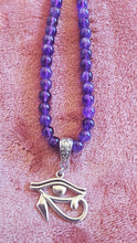 Amethyst Beaded Necklace with Eye of Heru Pendant – Handmade Spiritual Protection & Intuition Jewelry