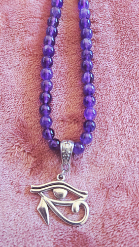 Amethyst Beaded Necklace with Eye of Heru Pendant – Handmade Spiritual Protection & Intuition Jewelry