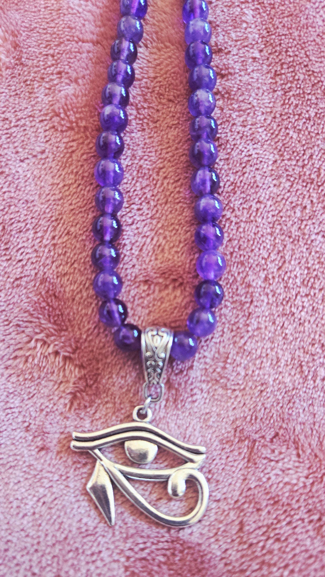 Amethyst Beaded Necklace with Eye of Heru Pendant – Handmade Spiritual Protection & Intuition Jewelry