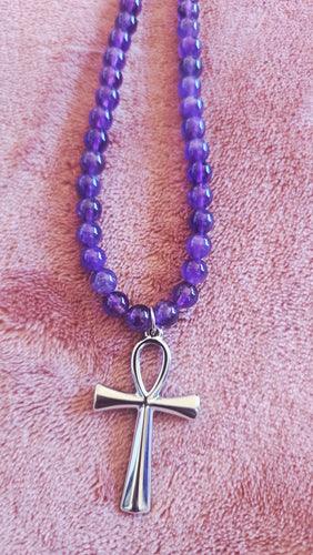 Amethyst Beaded Necklace with Ankh Pendant – Handmade Spiritual Protection & Intuition Jewelry