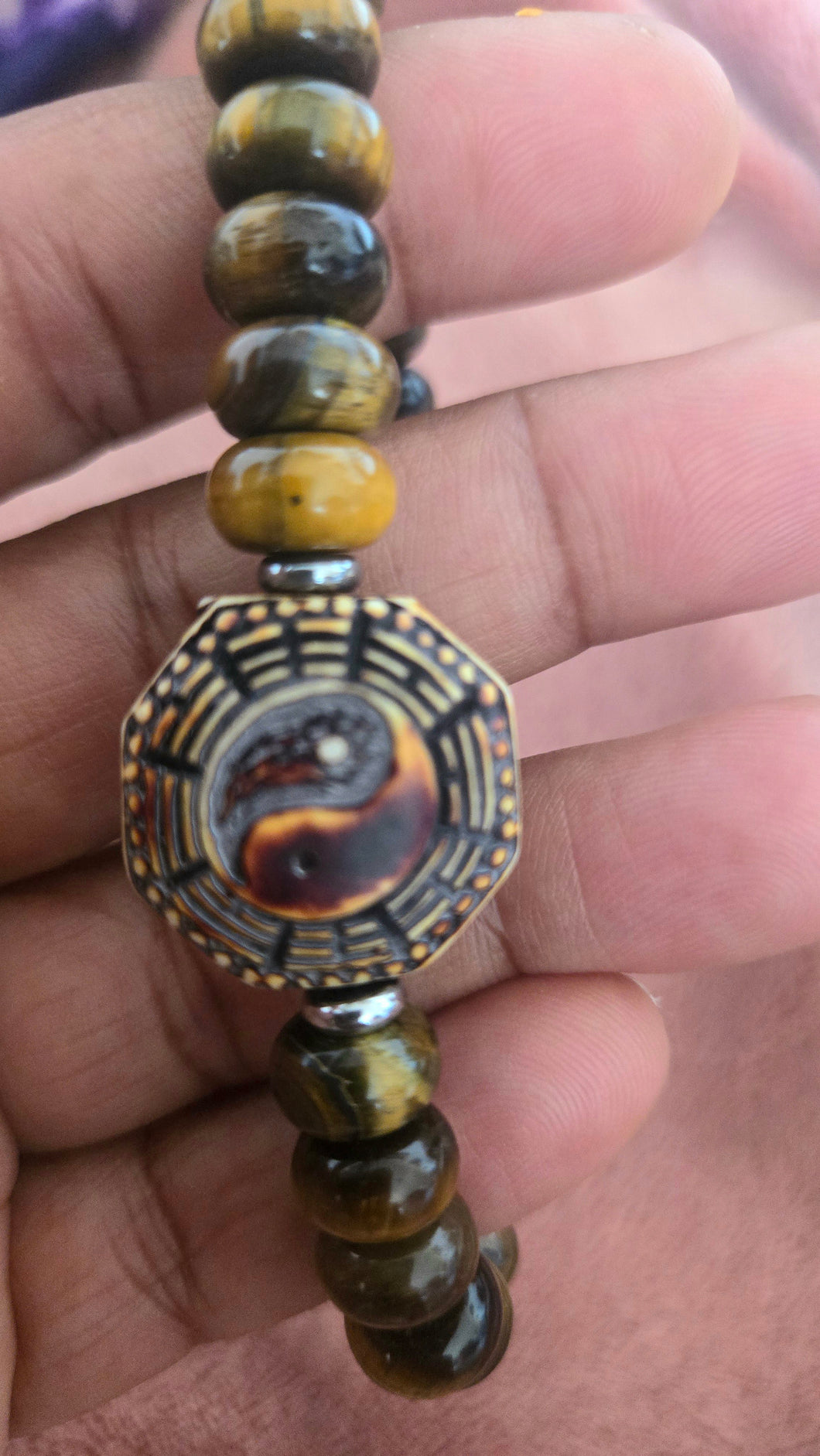 Tiger’s Eye Bracelet with Carved Bone Yin Yang