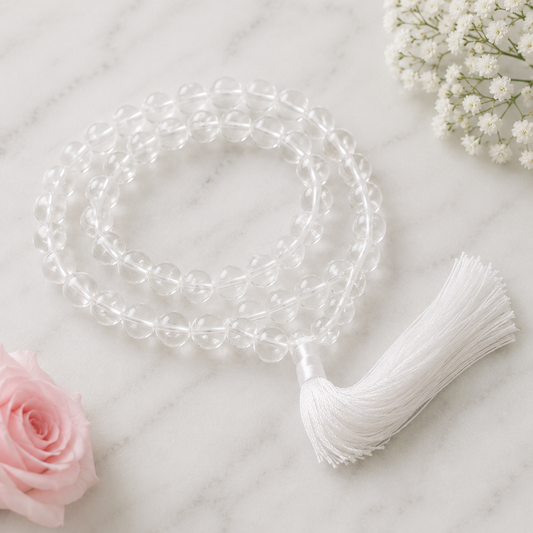 Clear Quartz Mala Necklace | Handcrafted Meditation & Spiritual Jewelry