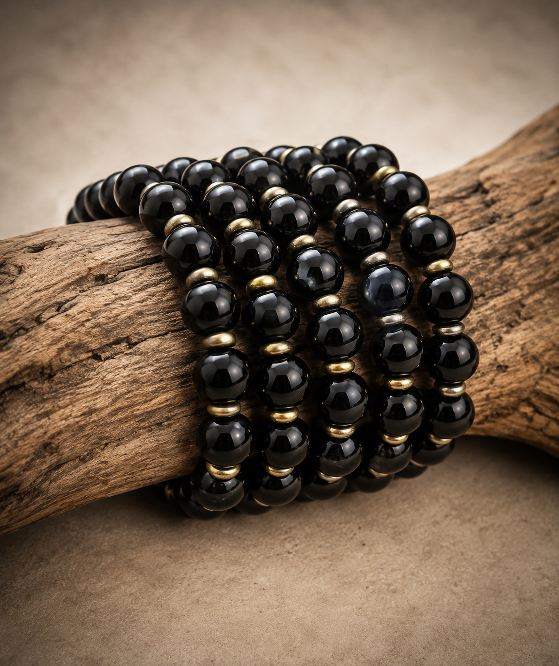 Obsidian Bracelet with Brass Accents