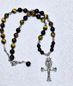 Handmade Tiger's Eye, Obsidian & Hematite Necklace with Ankh Pendant