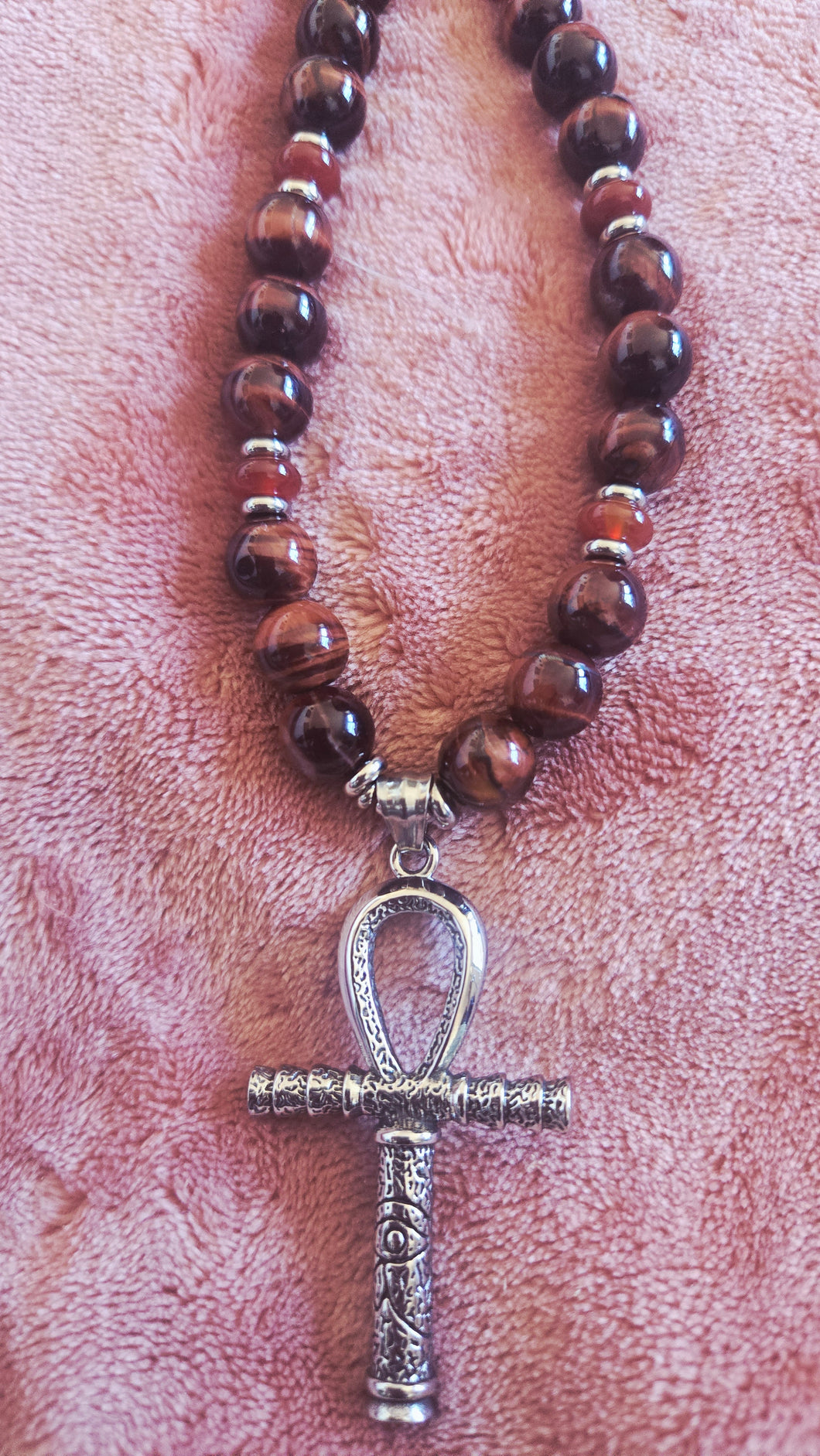 Red Tiger’s Eye & Carnelian Beaded Necklace with Ankh Pendant – Handmade Power & Passion Jewelry