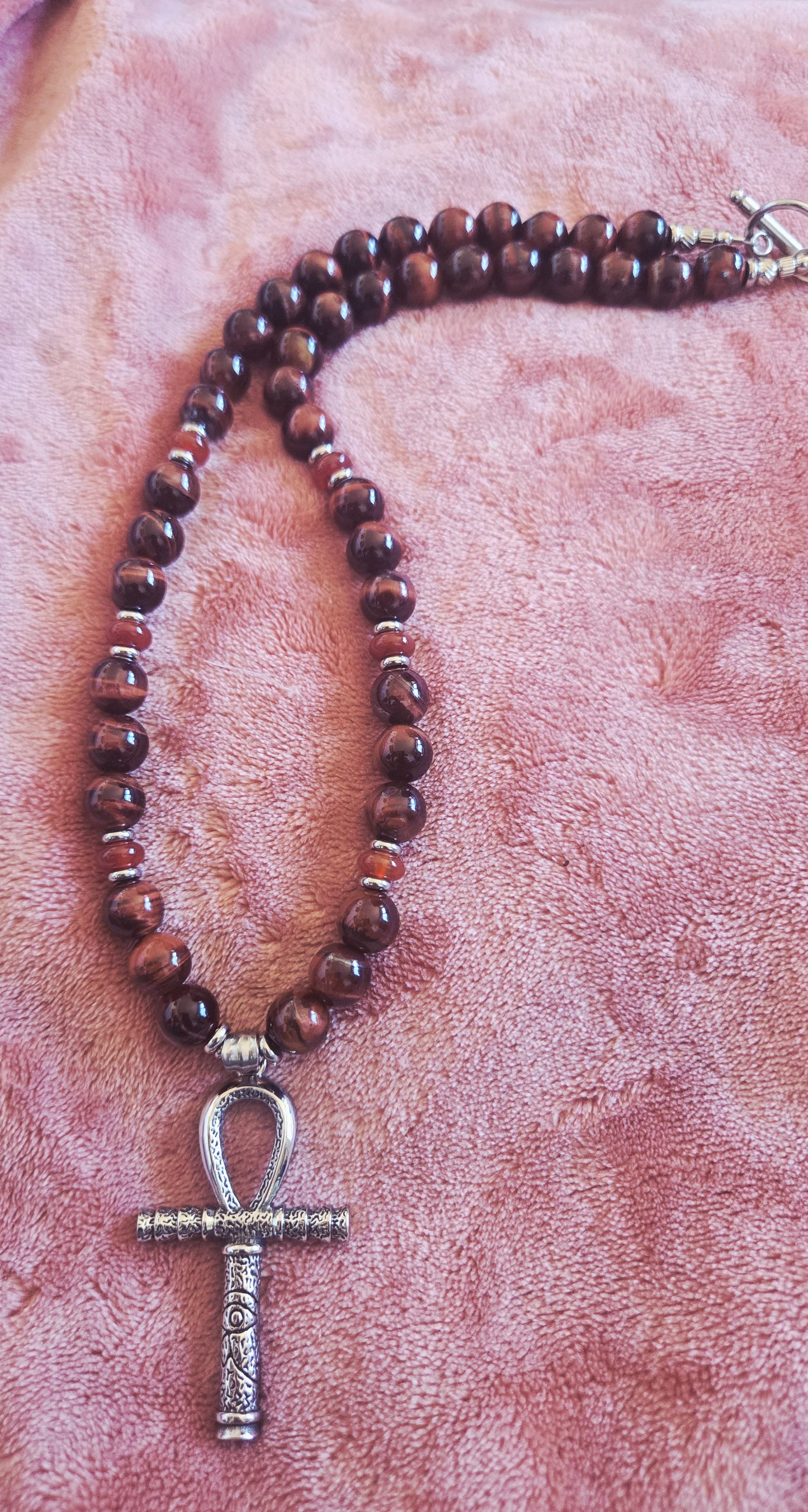 Red Tiger’s Eye & Carnelian Beaded Necklace with Ankh Pendant – Handmade Power & Passion Jewelry
