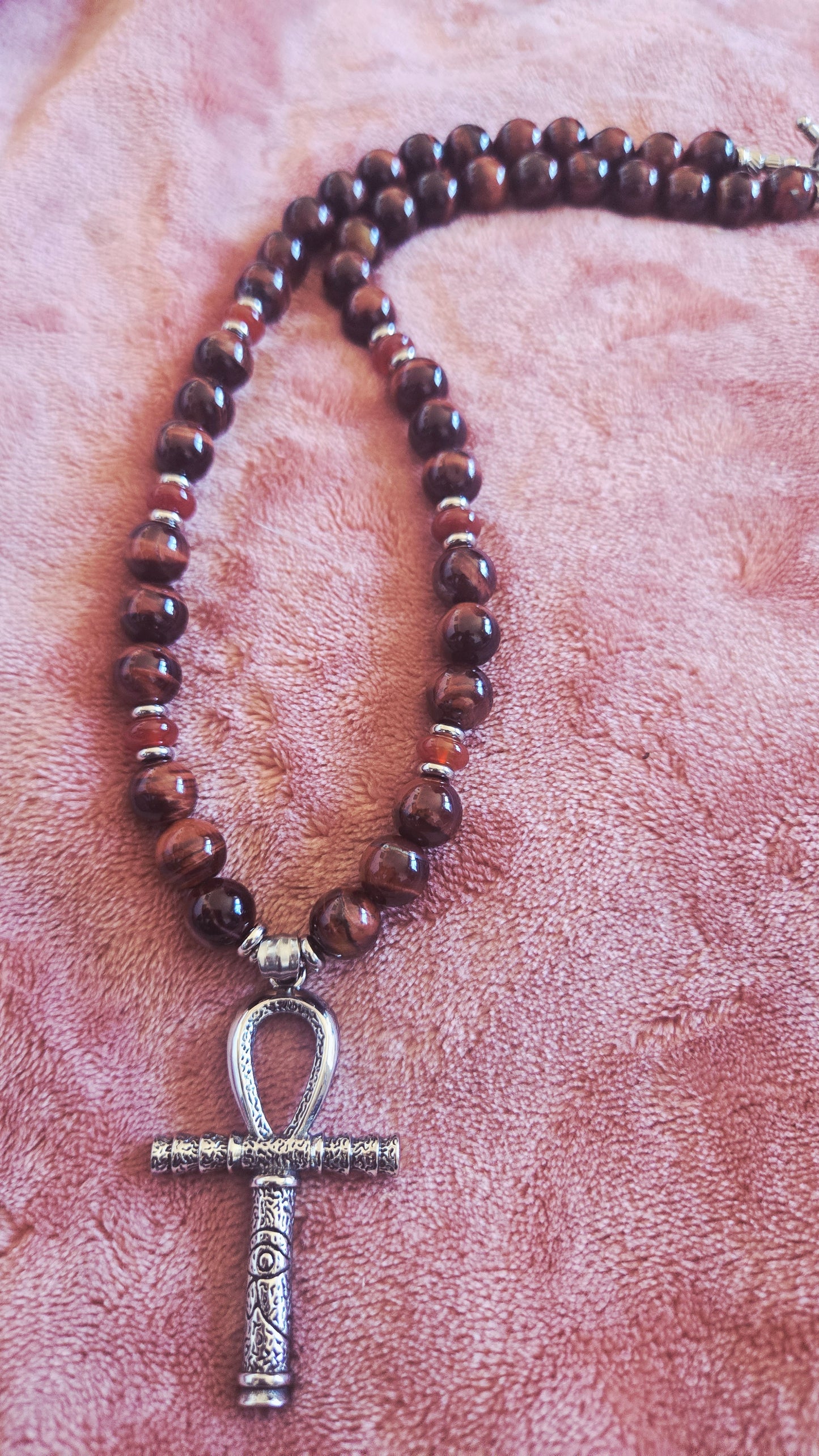Red Tiger’s Eye & Carnelian Beaded Necklace with Ankh Pendant – Handmade Power & Passion Jewelry