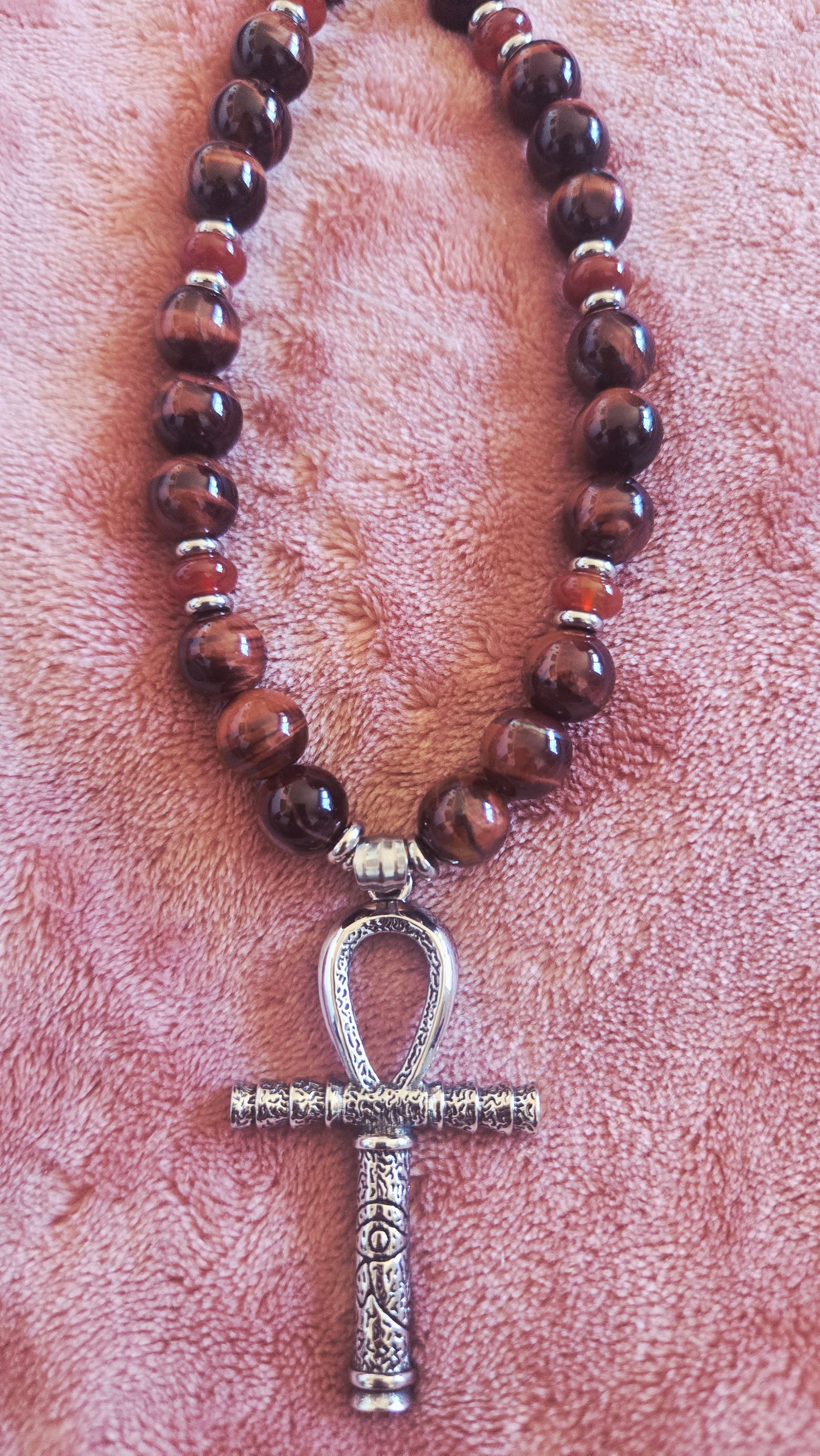 Red Tiger’s Eye & Carnelian Beaded Necklace with Ankh Pendant – Handmade Power & Passion Jewelry