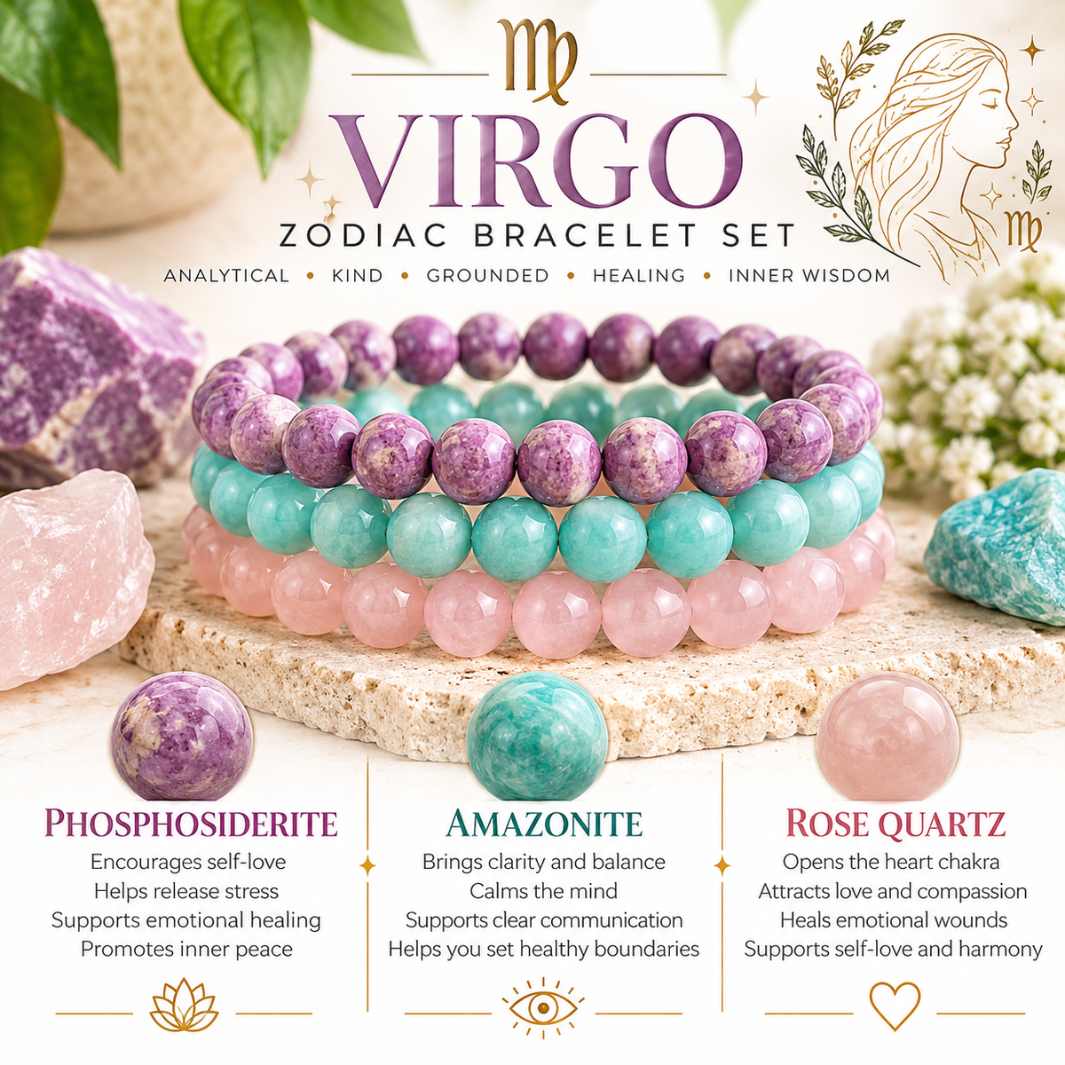 Virgo zodiac bracelet set featuring three beaded bracelets: purple phosphosiderite, teal amazonite, and pink rose quartz.