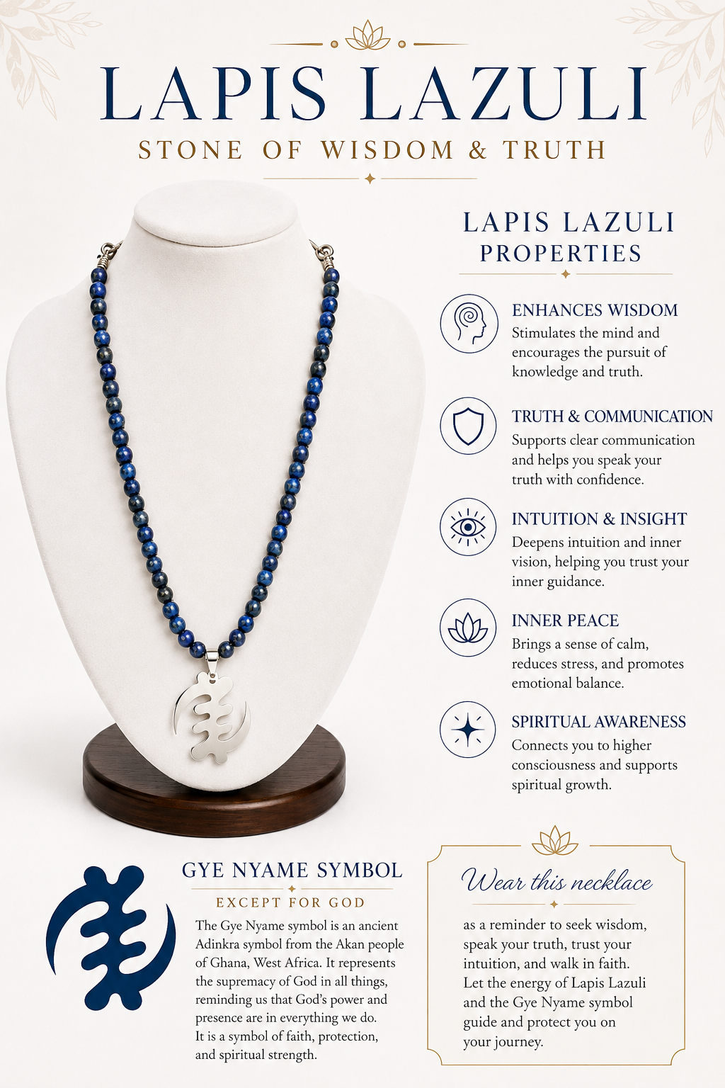 Lapis Lazuli Necklace With Gye Nyame Pendant – Handmade Intuition, Protection & Royal Wisdom Jewelry