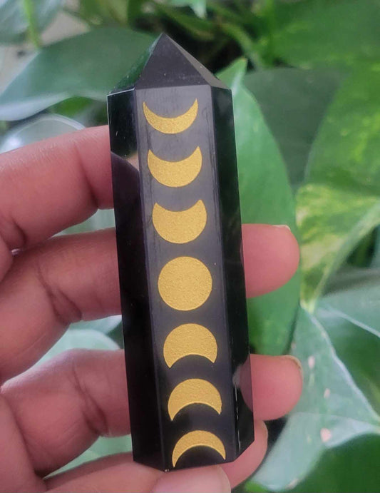 Obsidian Moon Phases Etched Point