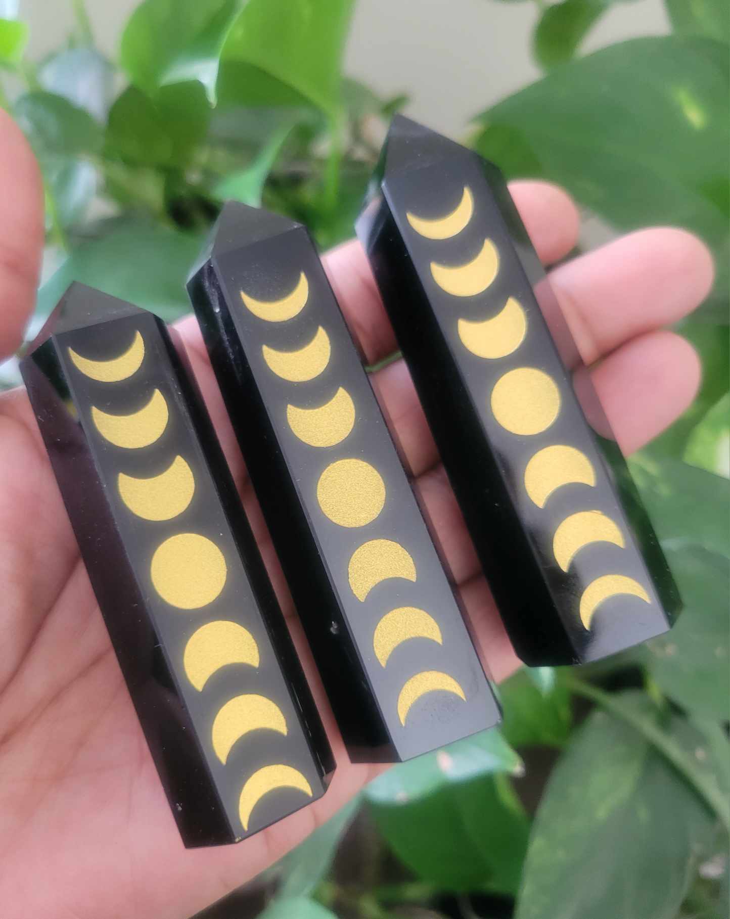 Obsidian Moon Phases Etched Point
