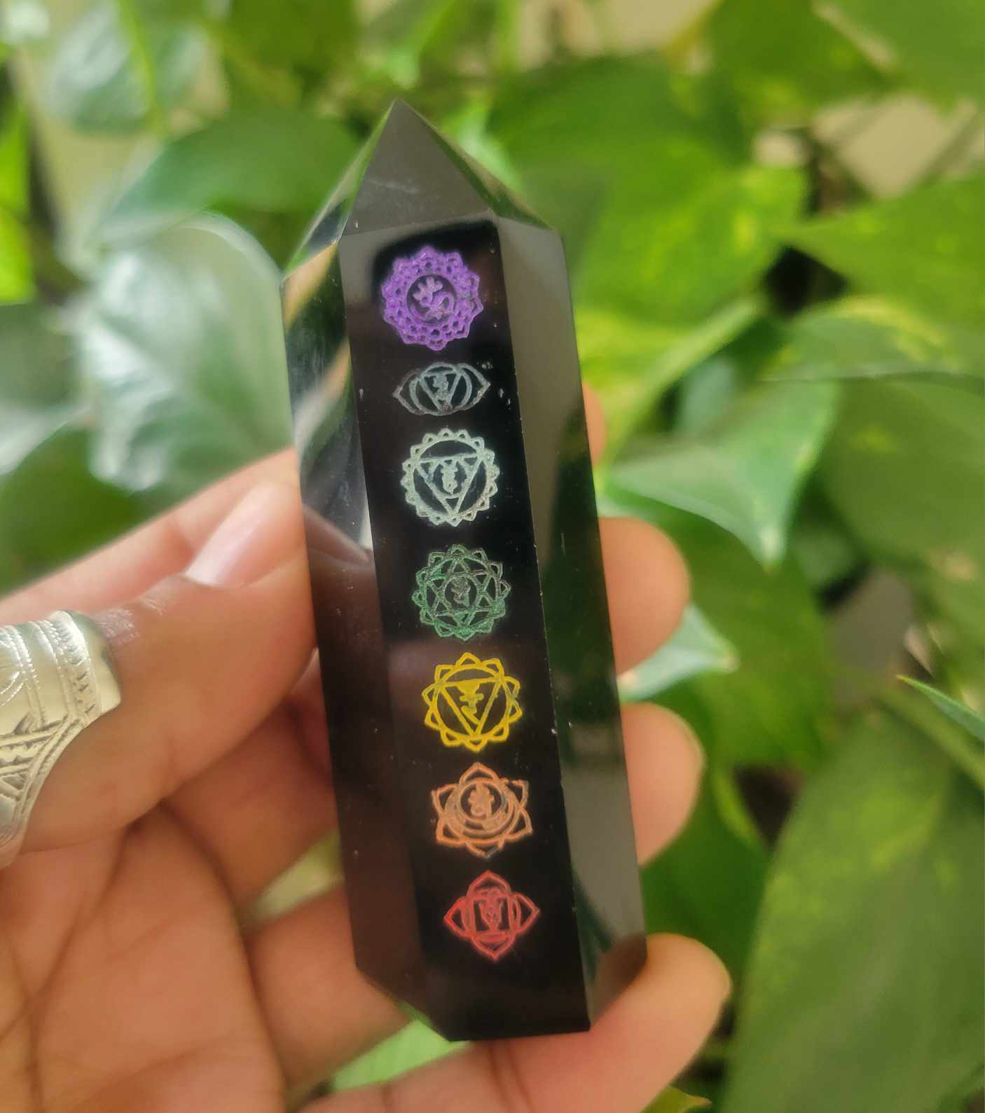 Obsidian 7 Chakra Etched Point – Protection, Energy Alignment &amp; Shadow Healing