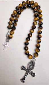 Handmade Tiger's Eye Necklace with Ankh Pendant and Toggle Clasp