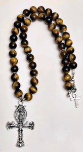 Handmade Tiger's Eye Necklace with Ankh Pendant and Toggle Clasp