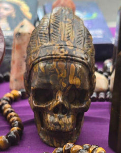 Bamboo Jasper Chief Skull with Feather Headdress – Wisdom, Strength & Earth Connection