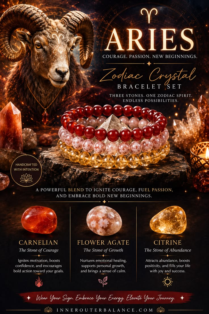 Aries Zodiac Crystal Bracelet Set | Best Crystals for Confidence, Courage & Motivation