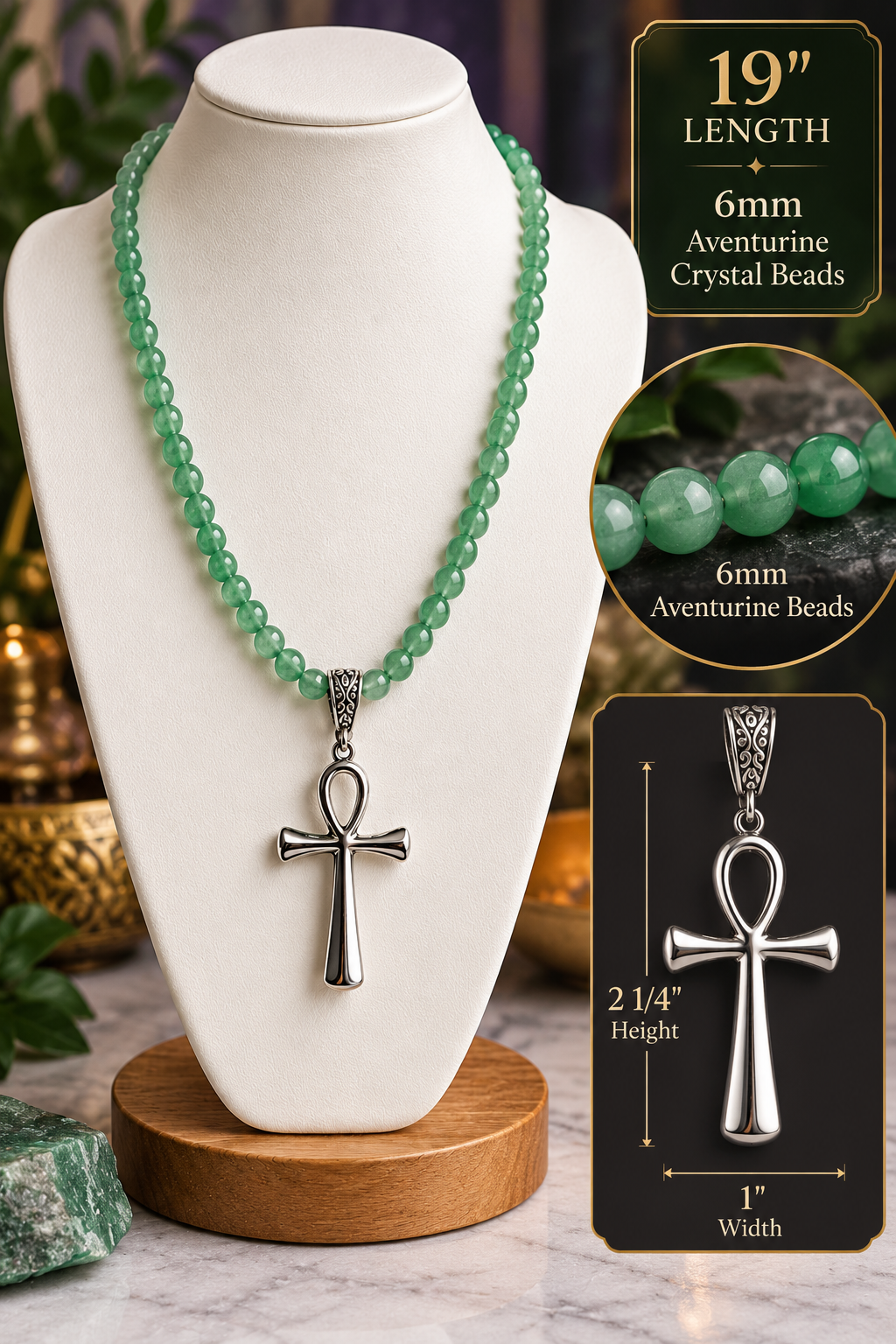 Handmade Green Aventurine Crystal Necklace with Silver Ankh Pendant | Abundance, Protection & Renewal