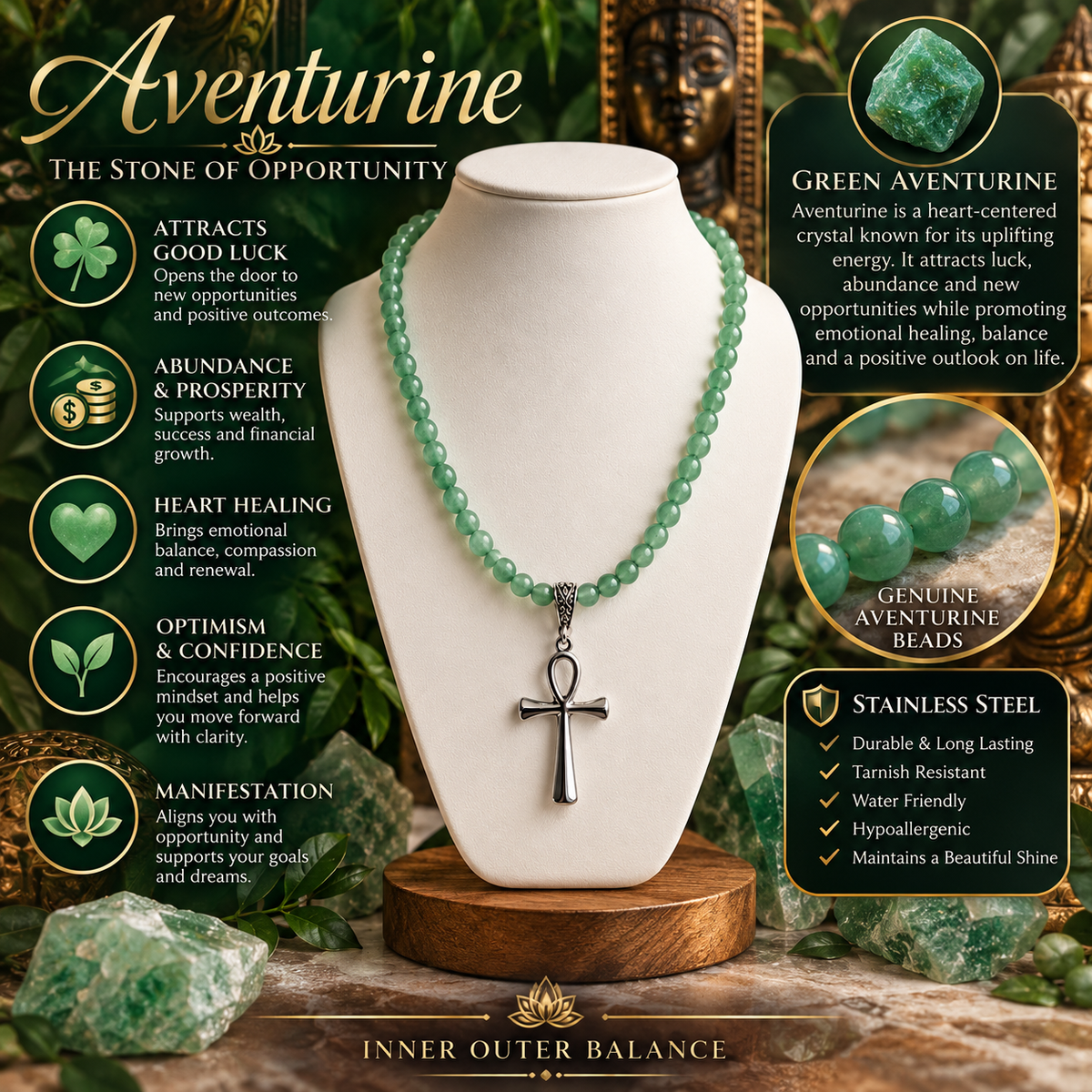 Handmade Green Aventurine Crystal Necklace with Silver Ankh Pendant | Abundance, Protection & Renewal