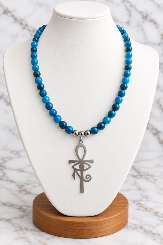 Blue Apatite & Stainless Steel Eye of Heru with Ankh Choker Necklace | Intuition, Clarity & Protection