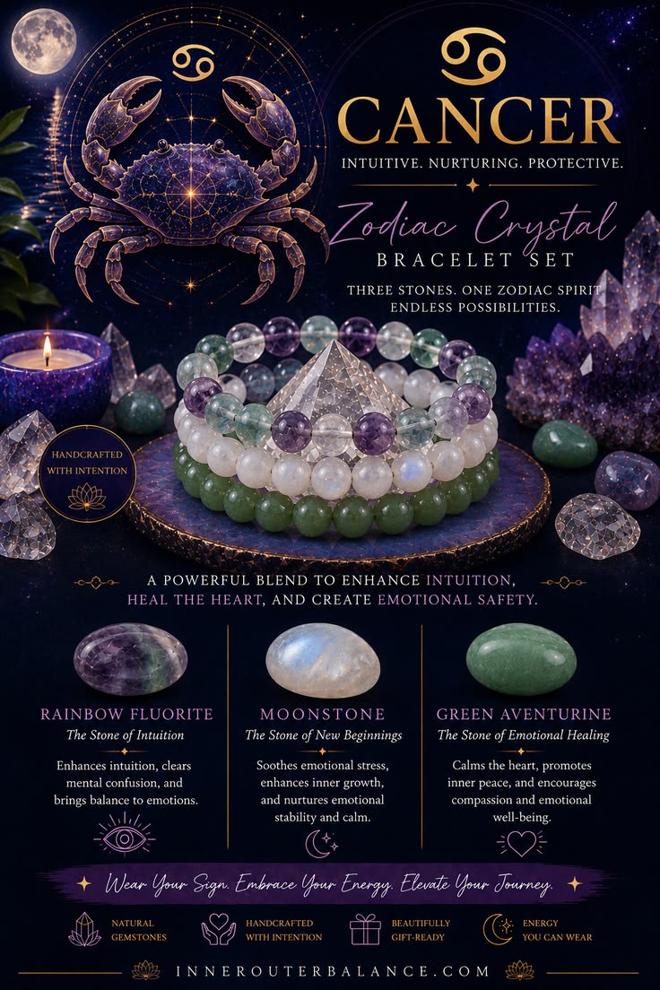 Cancer Zodiac Crystal Bracelet Set | Best Crystals for Emotional Healing, Intuition & Inner Peace